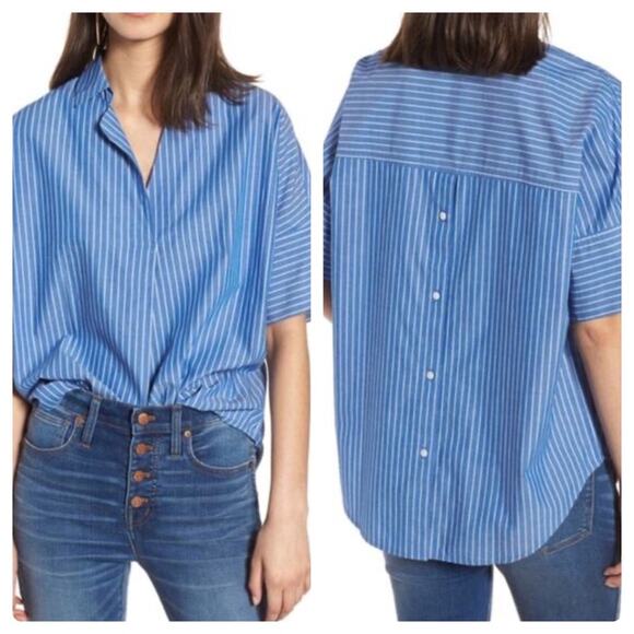 MADEWELL Courier Stripe Button Back Shirt In Midnight Sea - Picture 1 of 13